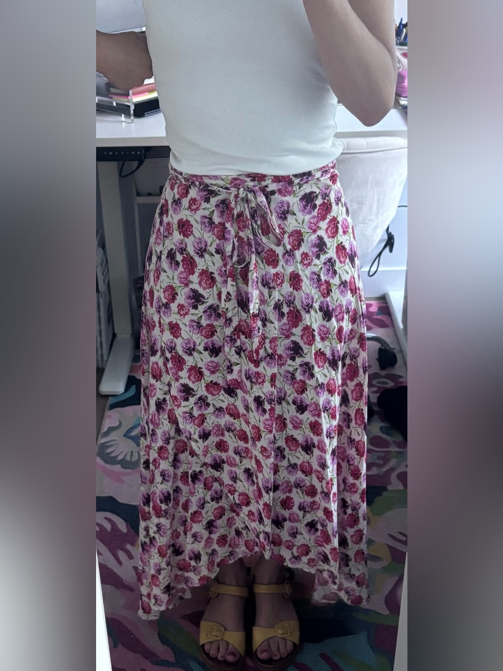 Zara Floral Tie-Waist Maxi Skirt in Pink and Cream